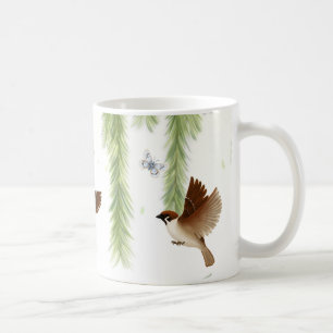 Japanese Tree Sparrows Under a Weeping Willow Coffee Mug