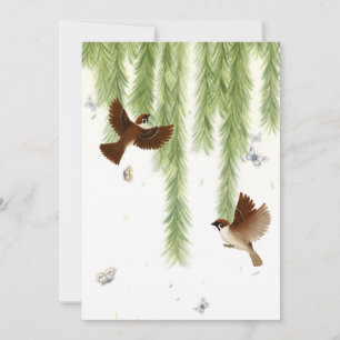 Japanese Tree Sparrows Under a Weeping Willow Invitation