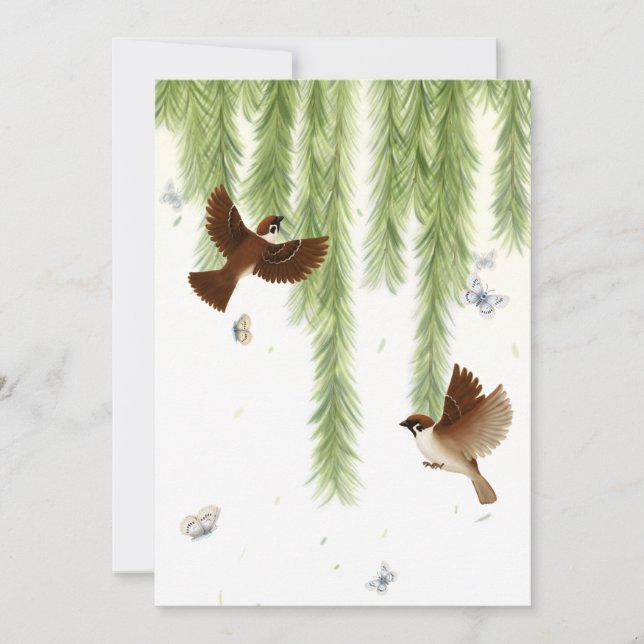 Japanese Tree Sparrows Under a Weeping Willow Invitation (Front)