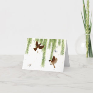 Japanese Tree Sparrows Under a Weeping Willow Note Card