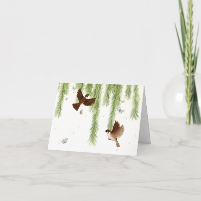 Japanese Tree Sparrows Under a Weeping Willow Note Card (Front)