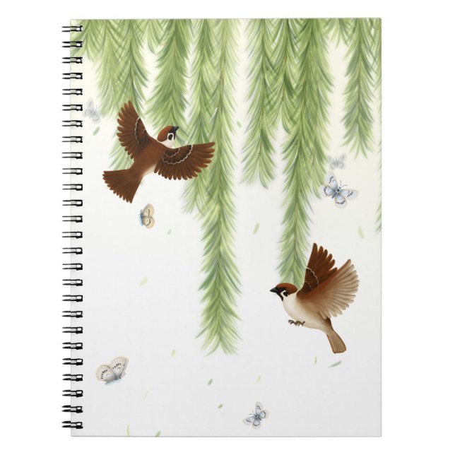 Japanese Tree Sparrows Under a Weeping Willow Notebook (Front)