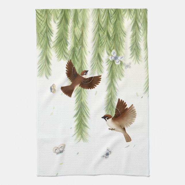 Japanese Tree Sparrows Under a Weeping Willow Tea Towel (Vertical)