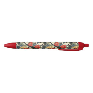 Japanese Ukiyo-E Art Floral Pattern Black Ink Pen