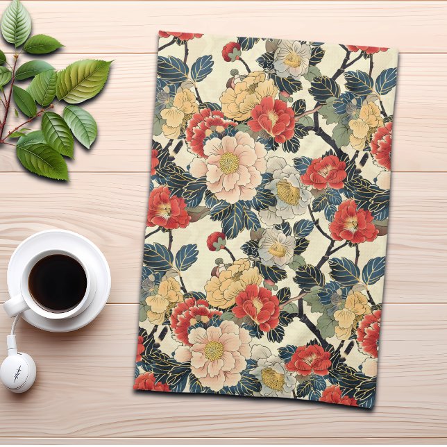 Japanese Ukiyo-E Art Floral Pattern Tea Towel (Creator Uploaded)
