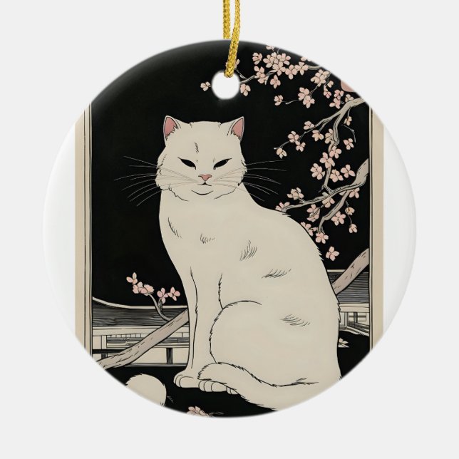 Japanese ukiyo e cat art ceramic tree decoration (Front)