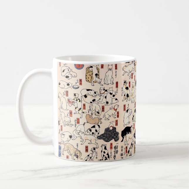 Japanese Ukiyo-e Cats — Custom Text Coffee Mug (Left)