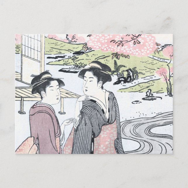 Japanese Ukiyo-e Niwa no hanami by Eishi Postcard (Front)