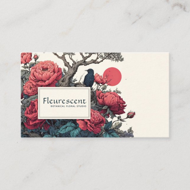 Japanese Ukiyo-e Style Red Peony Black Bird Business Card (Front)
