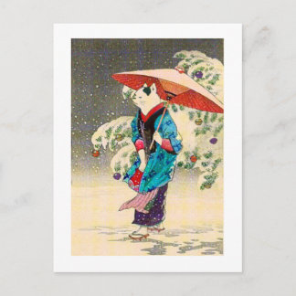Japanese ukiyoe cat christmas holiday postcard