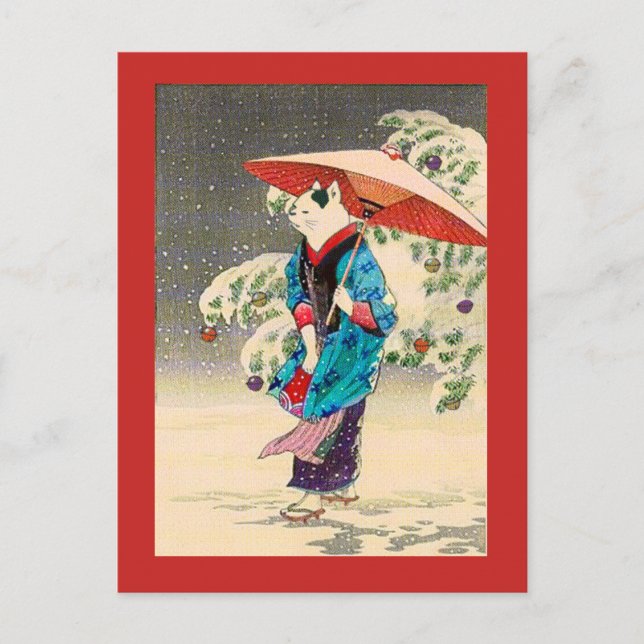 Japanese ukiyoe cat christmas holiday postcard (Front)