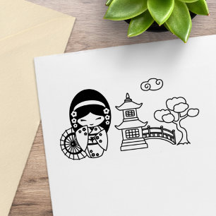 Japanese Umbrella Geisha Girl in Kimono Scrapbook Rubber Stamp