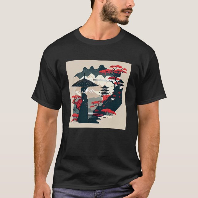 Japanese Umbrella Lady red bonsai pagoda castle mo T-Shirt (Front)