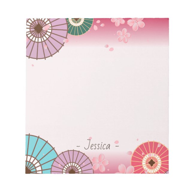 Japanese Umbrellas and Cherry Blossom Personalised Notepad (Front)