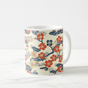 Japanese Ume Plum Blossoms Navy Wave Cream Coffee Mug