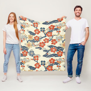 Japanese Ume Plum Blossoms Navy Wave Cream Fleece Blanket