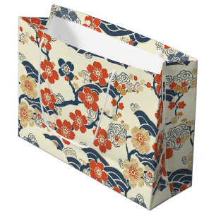 Japanese Ume Plum Blossoms Navy Wave Cream Large Gift Bag