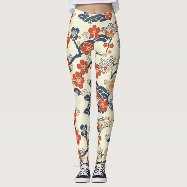 Japanese Ume Plum Blossoms Navy Wave Cream Leggings (Front)