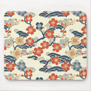 Japanese Ume Plum Blossoms Navy Wave Cream Mouse Mat