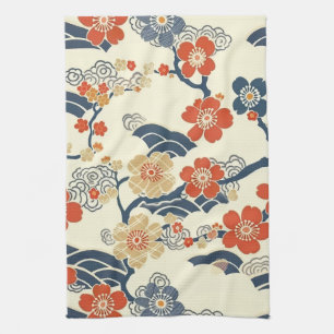 Japanese Ume Plum Blossoms Navy Wave Cream Tea Towel
