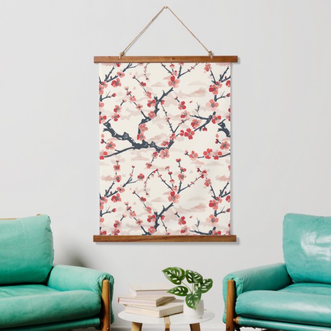 Japanese Ume Red Coral Blossom Ivory Wave Pattern Hanging Tapestry (Living Room)