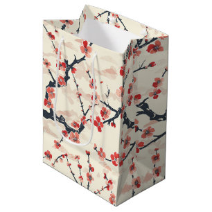 Japanese Ume Red Coral Blossom Ivory Wave Pattern Medium Gift Bag