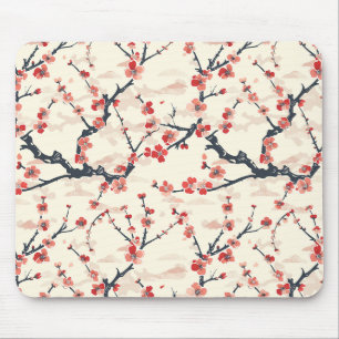 Japanese Ume Red Coral Blossom Ivory Wave Pattern Mouse Mat