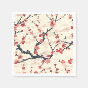 Japanese Ume Red Coral Blossom Ivory Wave Pattern Napkin