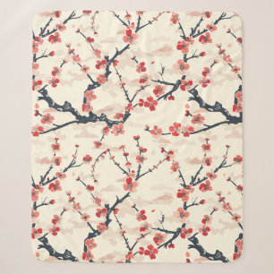 Japanese Ume Red Coral Blossom Ivory Wave Pattern Sherpa Blanket