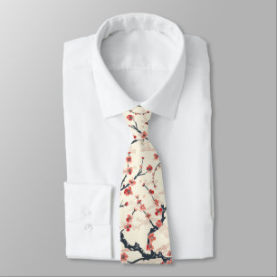 Japanese Ume Red Coral Blossom Ivory Wave Pattern Tie
