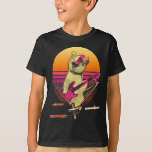 Japanese Vaporwave Electric Guitar playing Cat Meo T-Shirt