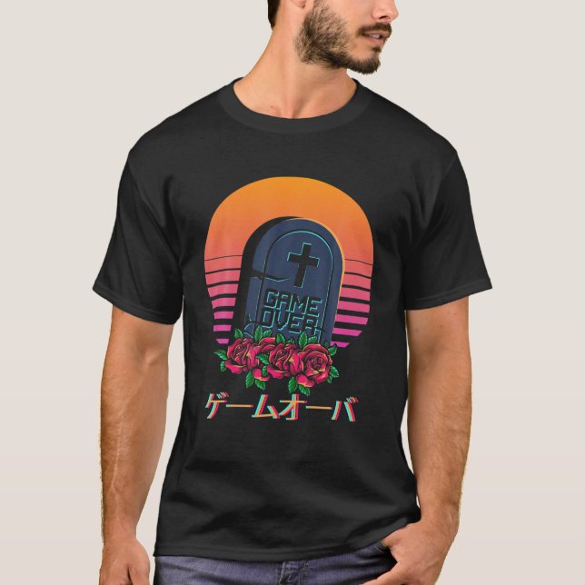 Japanese Vaporwave Game Over Aesthetic Flowers Ros T-Shirt (Front)