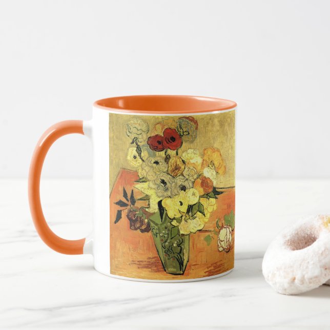 Japanese Vase, Roses, Anemones by Vincent van Gogh Mug (With Donut)