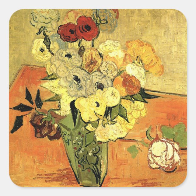 Japanese Vase, Roses, Anemones by Vincent van Gogh Square Sticker (Front)