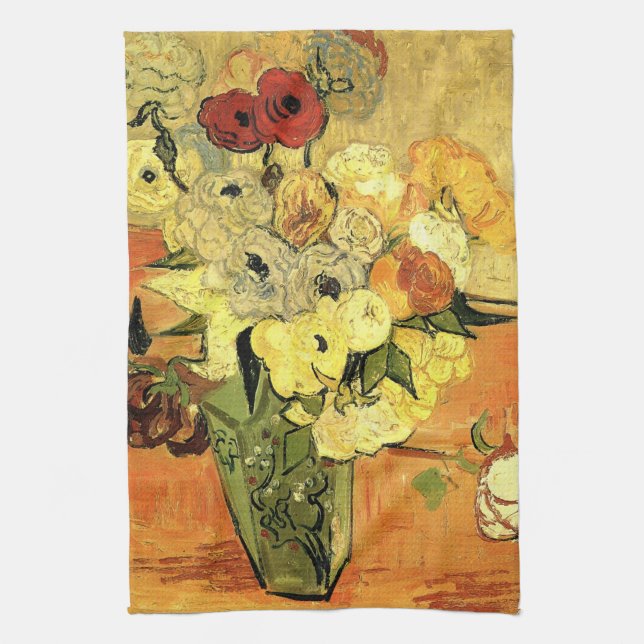 Japanese Vase, Roses, Anemones by Vincent van Gogh Tea Towel (Vertical)