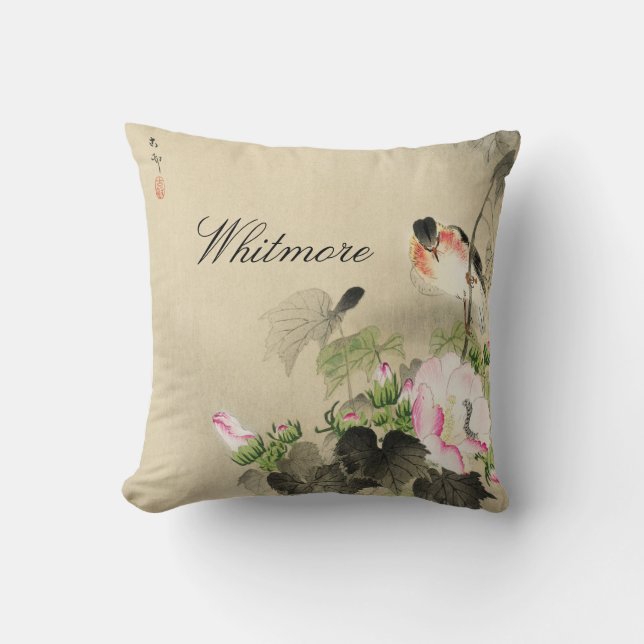 Japanese Vintage Bird Pink Blossom Print Cushion (Front)