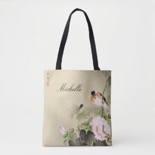 Japanese Vintage Bird Pink Blossom Print Tote Bag