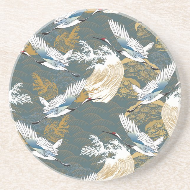 Japanese Vintage Crane Birds Pattern Coaster (Front)