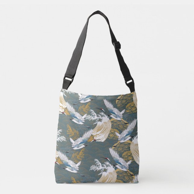Japanese Vintage Crane Birds Pattern Crossbody Bag (Front)