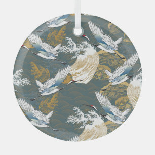 Japanese Vintage Crane Birds Pattern Glass Tree Decoration