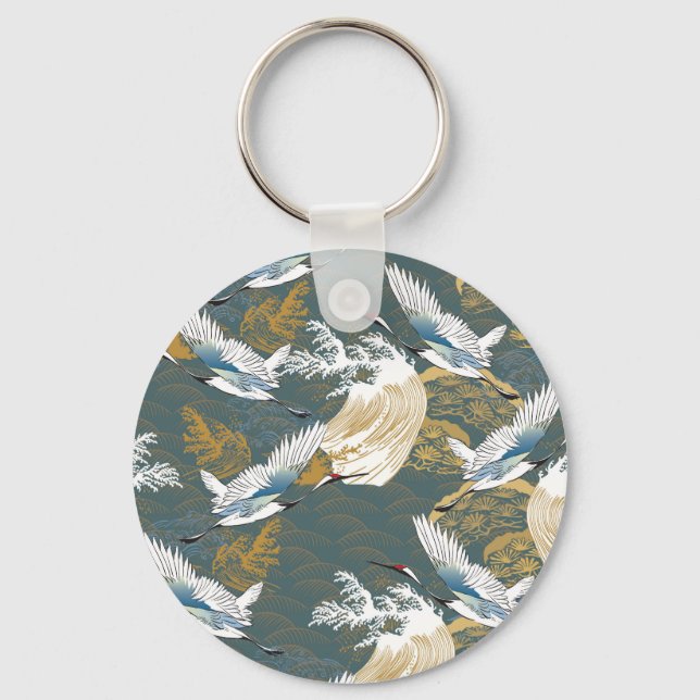 Japanese Vintage Crane Birds Pattern Key Ring (Front)