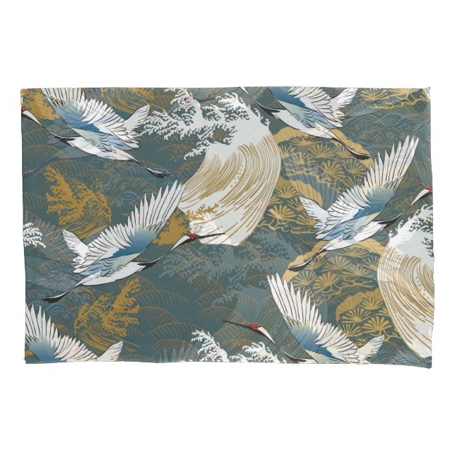 Japanese Vintage Crane Birds Pattern Pillowcase (Front)