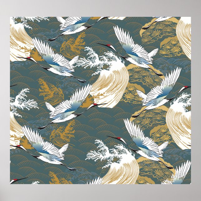 Japanese Vintage Crane Birds Pattern Poster (Front)
