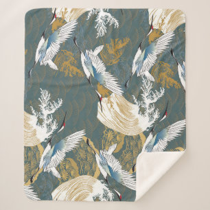 Japanese Vintage Crane Birds Pattern Sherpa Blanket