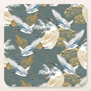 Japanese Vintage Crane Birds Pattern Square Paper Coaster