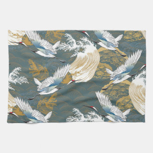 Japanese Vintage Crane Birds Pattern Tea Towel