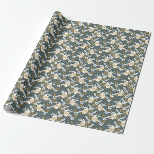 Japanese Vintage Crane Birds Pattern Wrapping Paper (Unrolled)