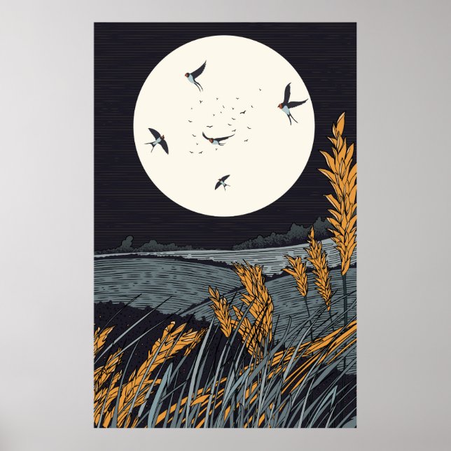 Japanese Vintage Landscape At Night Poster (Front)