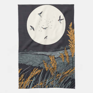 Japanese Vintage Landscape At Night Tea Towel