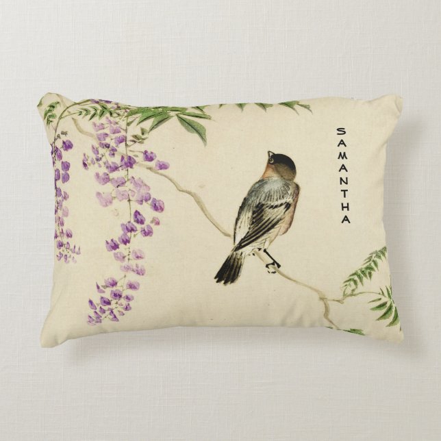 Japanese Vintage Lilac Sparrow Accent Pillow (Front)